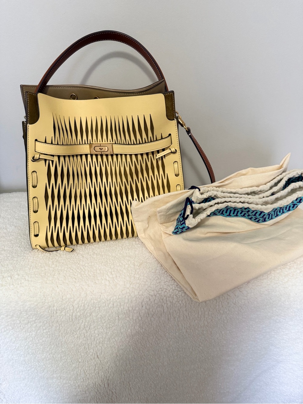 Tory Burch Yellow Woven Satchel with Brown Handle